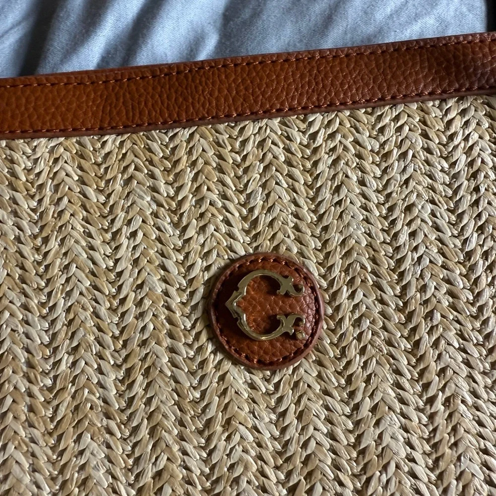Woven Straw Tote with Tan Trim and Tassel